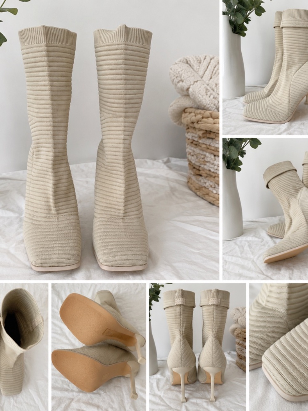 SHEIN Cream Ribbed Knit Sock Boots Square Toe Stiletto Heel Women’s 9